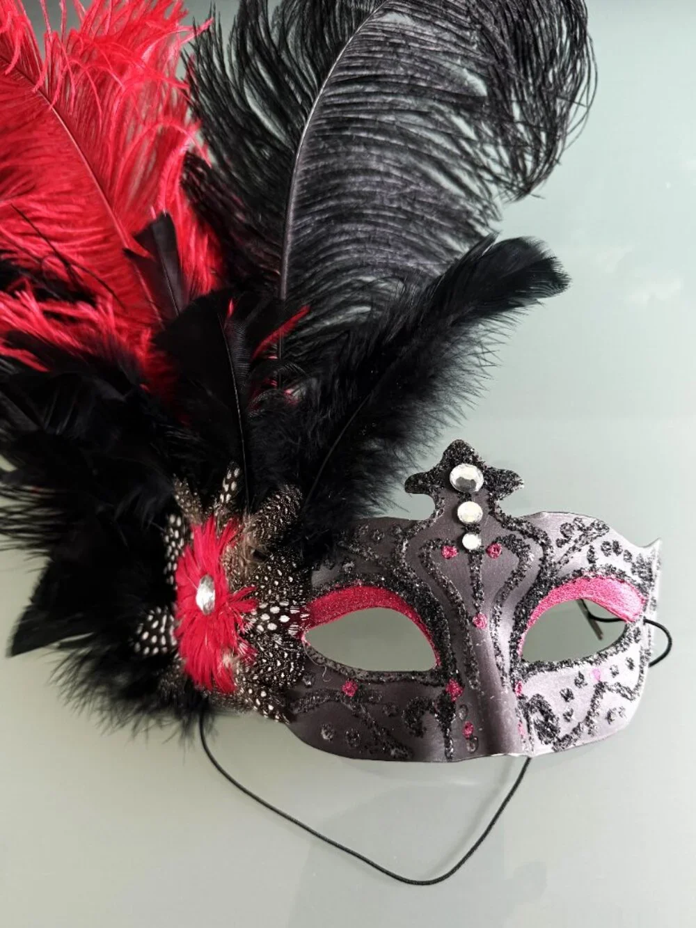 Masquerade Masks Lot of 2 Red Black Feather Venetian
